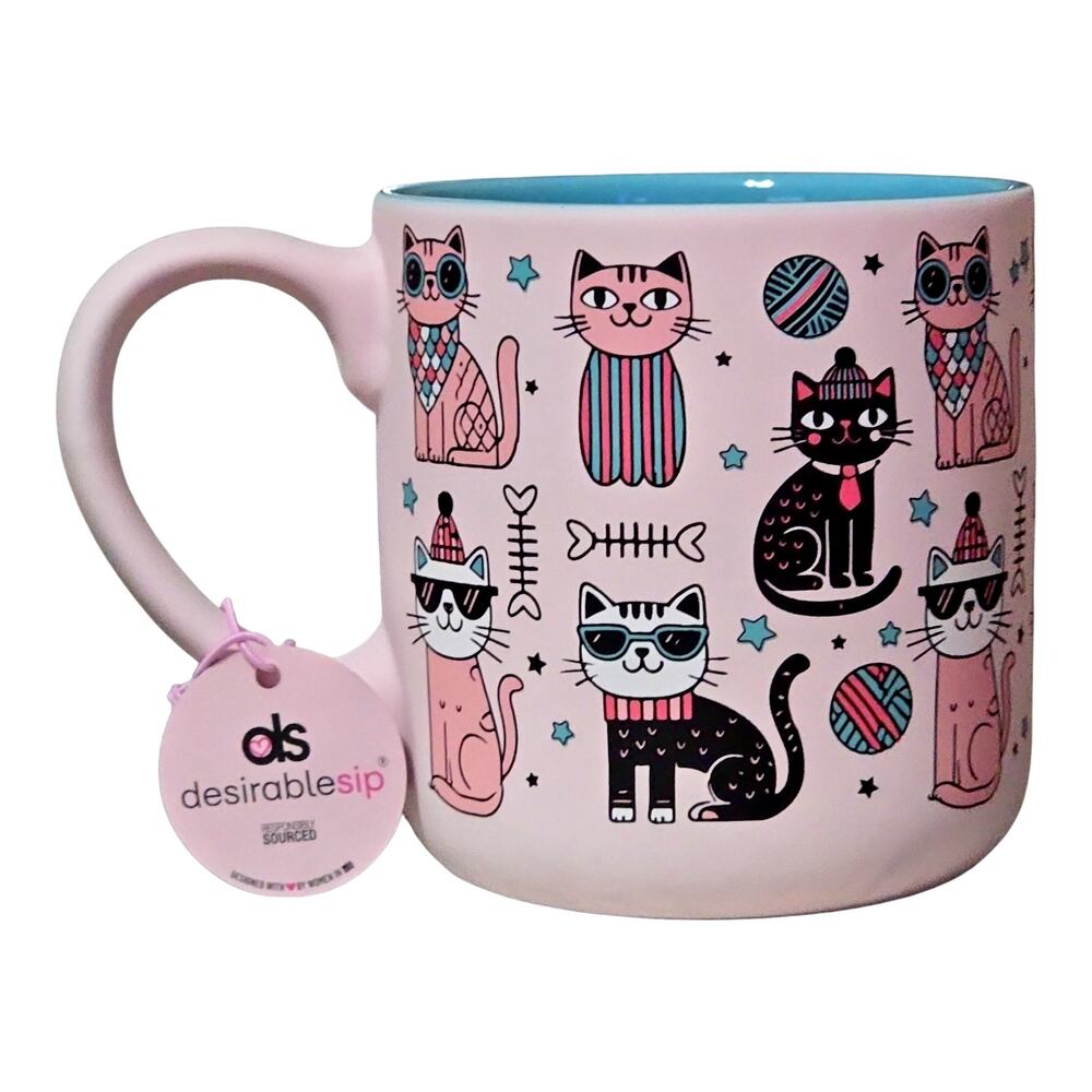 DesirableSip Cool Cats Soft Touch Pink 18OZ Ceramic Coffee Mug Cat Mom Lover NWT